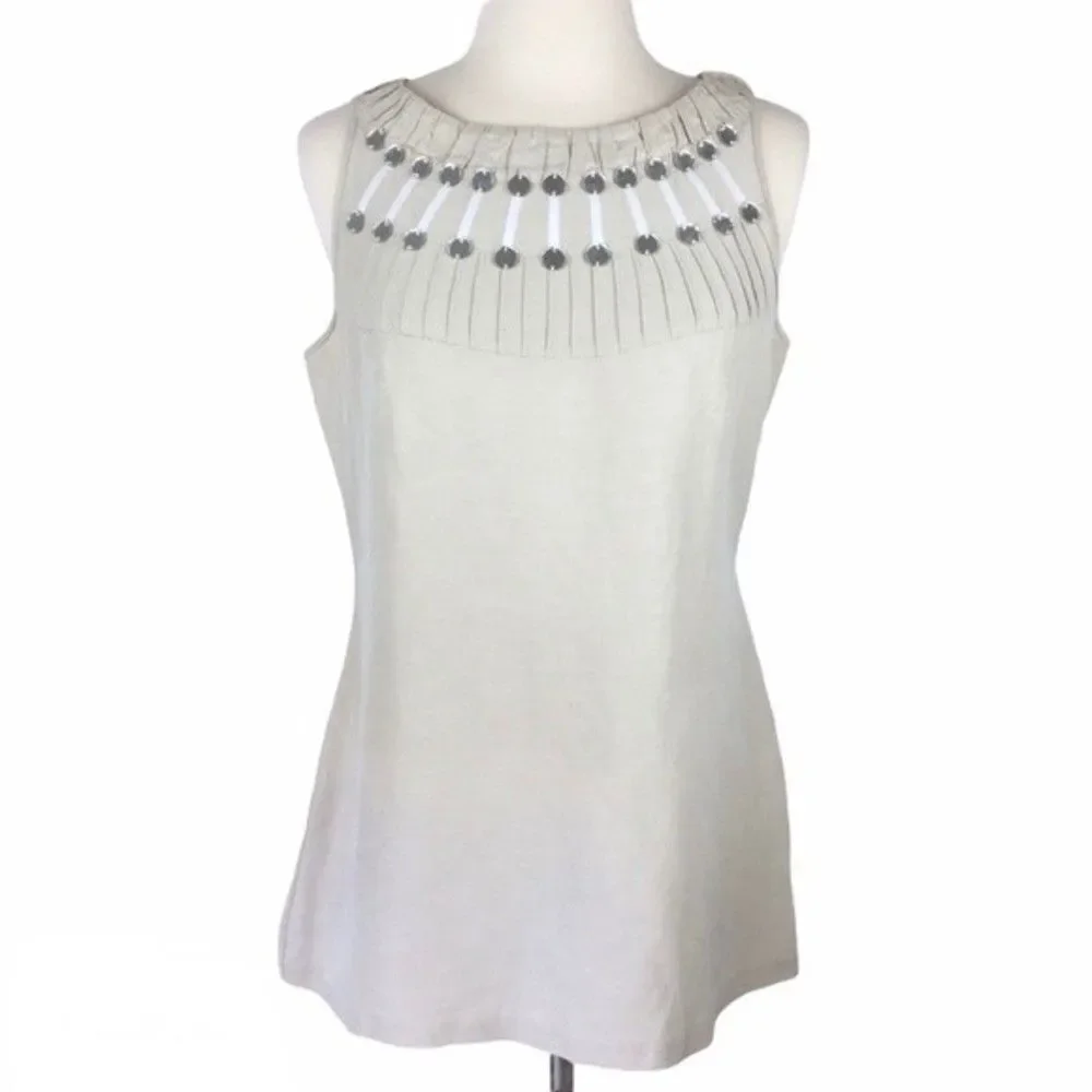 Vintage Tory Burch Silk Linen Blend Embellished Tank Top